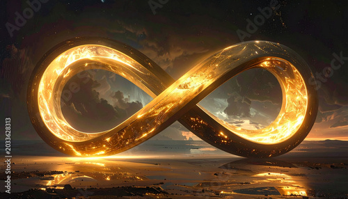 A majestic golden infinity symbol glowing with fiery energy against a dramatic, reflective cosmic landscape at twilight.