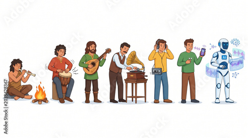 Schilderij op canvas Evolution of music and sound technology cartoon characters