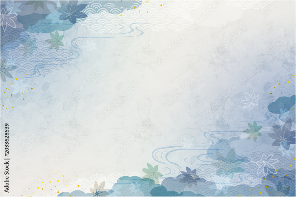 Fototapeta premium 青い紅葉と流水を描いた上品な和風秋背景