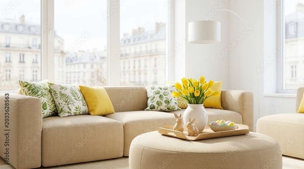 Naklejka premium Spring living room interior design featuring a modern sofa, furniture, and yellow tulips in a vase.
