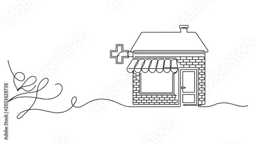 Minimalist continuous line art drawing of a pharmacy building with a medical cross symbol and decorative swirl accents on a clean white background for healthcare