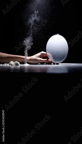 Dramatic Hand in Spotlight with Rising Smoke and Reflective Mirror