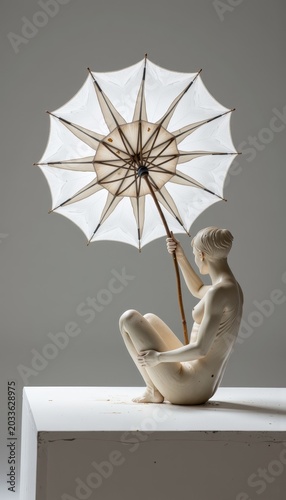 Sculpture of Seated Woman Holding Ornate Umbrella Against Minimalist Gray Background