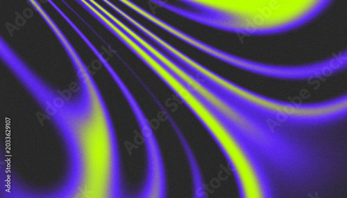 Abstract lime green and purple flowing wave lines on dark grainy background