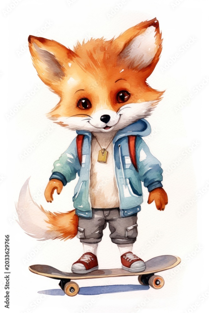 Naklejka premium Cute animal characters fox skateboard mammal.