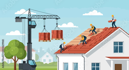 Construction Workers Installing Roof Tiles Using Crane Equipment