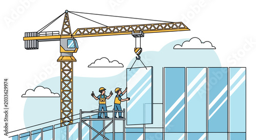 Construction Workers Guiding Crane Lifting Large Glass Panels Safely