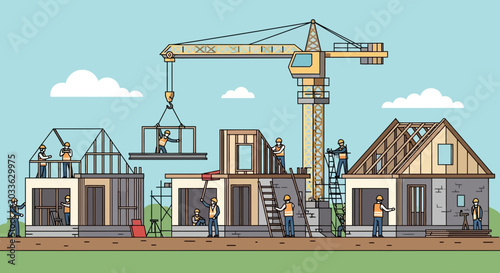 Construction Workers Building Modern House Frames with Crane Assistance