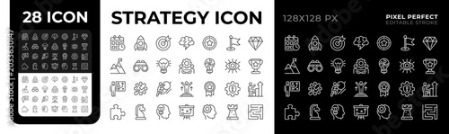 Obraz na plátně Strategy and action plan black and white line icons set