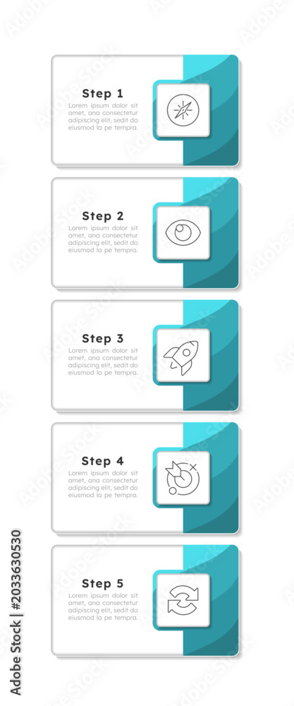 Fototapeta premium Business rectangle green vertical infographic 5 steps. Organization management. Data presentation cards. Vector illustration template with thin line icons. Process flow with outline graphics