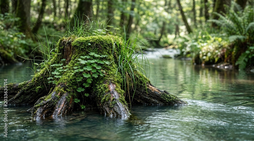 Fototapeta premium Vibrant greenery flourishes beside a gentle stream in a tranquil nature scene.