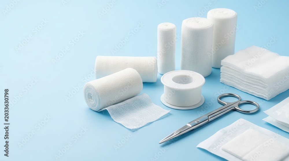 Fototapeta premium Essential medical instruments and sterile wound dressing supplies on a clean blue background.