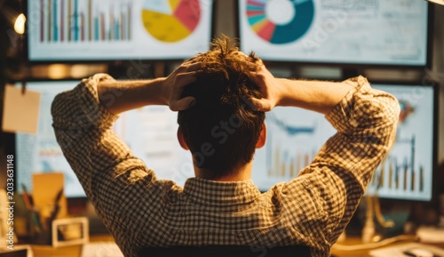 Man sitting at desk with his hands on his head, surrounded by multiple monitors displaying colorful data visualizations and graphs