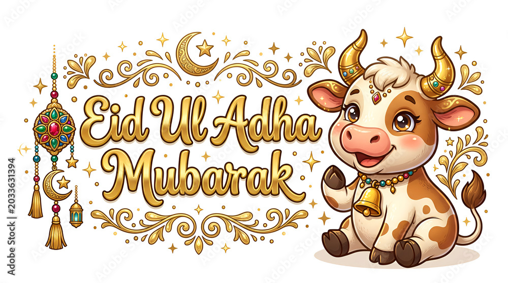 Naklejka premium Cute Cow Cartoon with Eid Ul Adha Mubarak Typography Islamic Festival Illustration