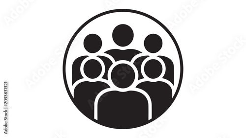 Group of six people circle silhouette icon inside round frame representing audience crew