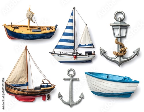 Colorful Nautical Boat and Anchor Collection Arranged on White Background