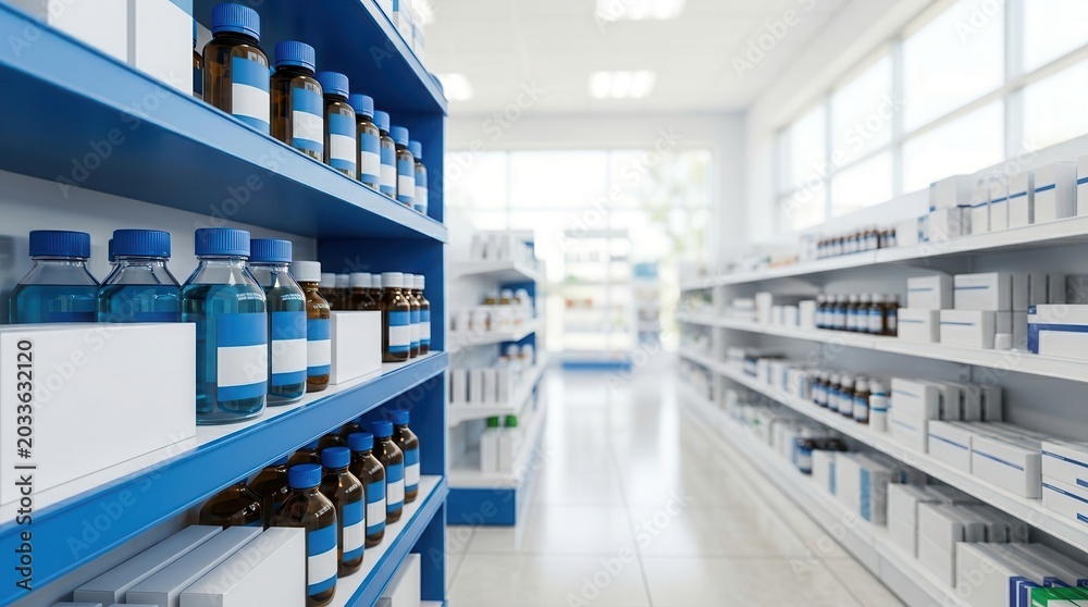 Fototapeta premium Interior of a pharmacy with blurred medicine shelves and drug products.