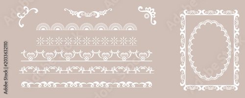 Bild auf Leinwand White Lace Border Frame Vector Set With Floral Corners