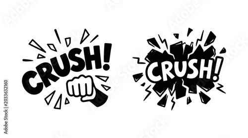 Foto Comic Book Style CRUSH! Text Sound Effect with Fist and Explosion Icons