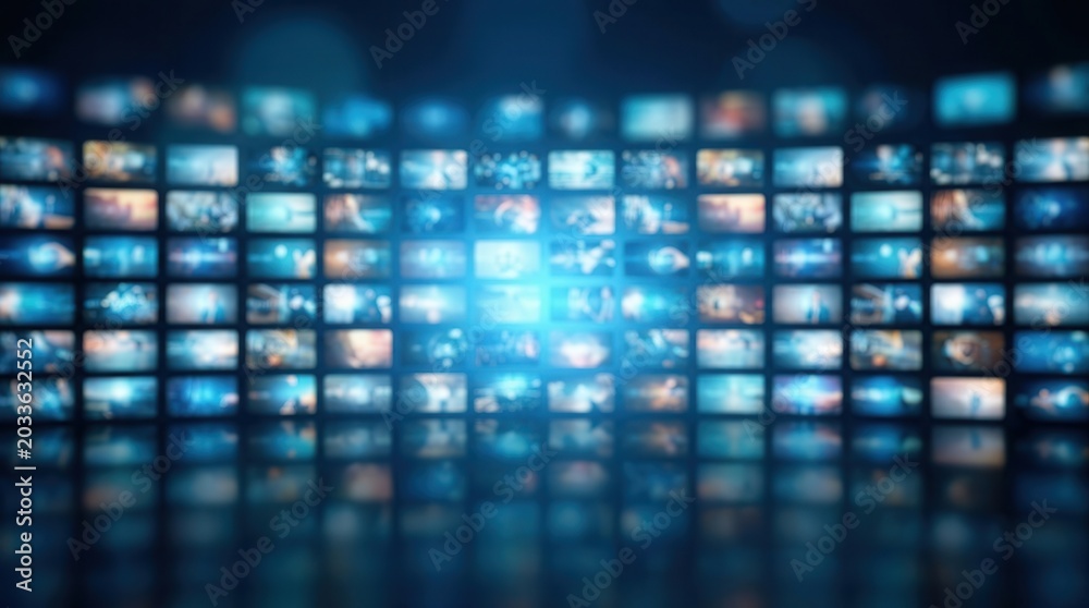 Fototapeta premium Blurred video wall background representing an infinite media library for a streaming service.