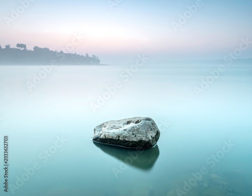 Solitary Smooth Rock Resting in Calm Misty Lake at Dawn