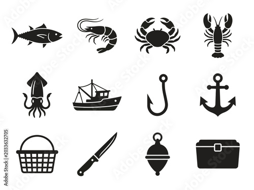 Minimal flat vector silhouette icon set of 12 seafood market elements  including tuna fish  shrimp  crab  lobster  squid  fishing boat  fish hook  anchor  fish basket  fillet knife  buoy  and ice box