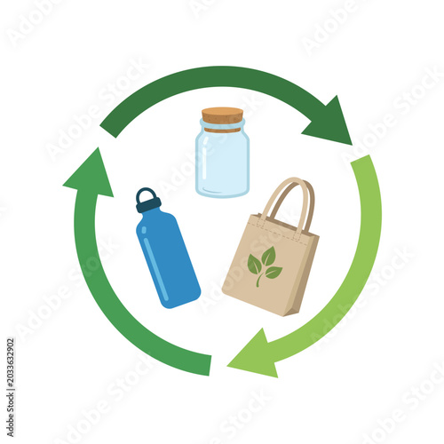 Eco reuse cycle vector with green circular arrows, glass jar, reusable bottle and paper bag, illustrating sustainability, recycling, zero waste, eco shopping and plastic reduction.