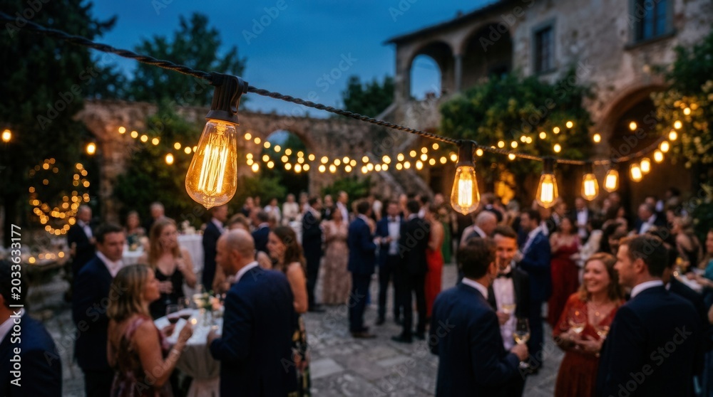 Obraz premium Guests mingling at an outdoor evening celebration with glowing string lights.