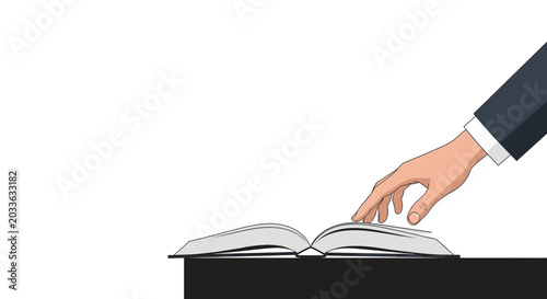 A cartoon illustration of a man's hand in a suit sleeve pointing at an open book on a dark table with a white background.
