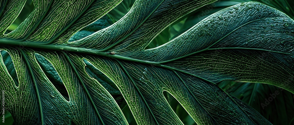Fototapeta premium Extreme close up of monstera leaf with intricate venation and moisture specks for plant surface texture, botanical background and deep jungle atmosphere licensing