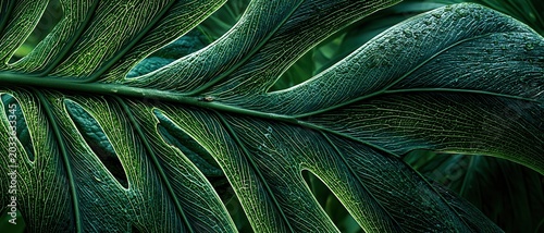 Extreme close up of monstera leaf with intricate venation and moisture specks for plant surface texture, botanical background and deep jungle atmosphere licensing