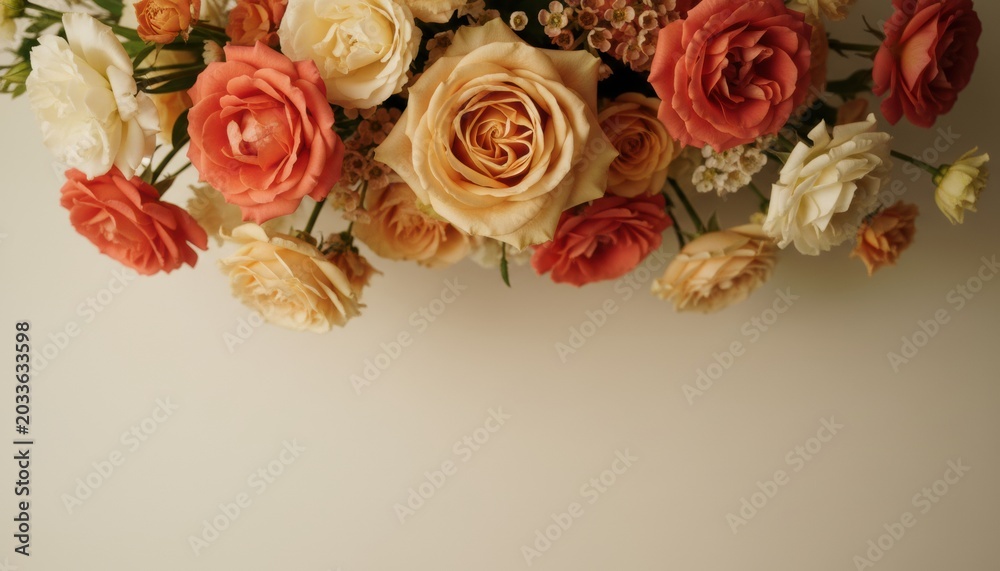 Fototapeta premium Large floral arrangement of roses in warm peach and coral tones on a neutral background for wedding invitation design, floristry advertising and luxury gift branding