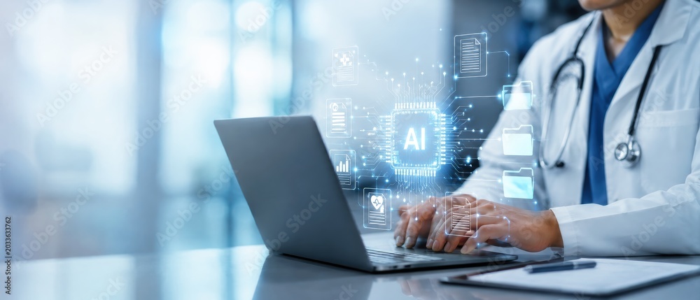 Obraz premium Innovative Medical AI Analytics for Healthcare Data Management in Modern Clinical Environments. Medical AI analytics and healthcare data management concept
