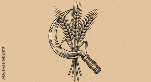 Foto Vintage wheat, scythe icon, harvest symbol, agricultural emblem, golden illustra