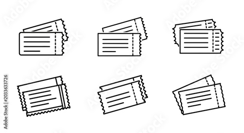 Ticket, stubs, and coupons, black and white, line art, vector icons, 6 variations, ticket illustrations, voucher graphics
