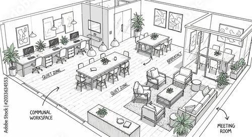 Modern Office Interior Layout Isometric Sketch. Detailed Architectural Drawing Showcasing Diverse Work Zones, Meeting Rooms, and Collaborative Spaces for Business Environments