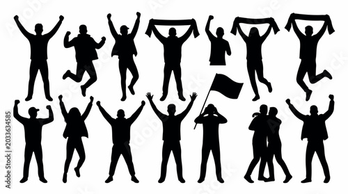 Cuadro en lienzo Sports fans silhouettes set, cheering crowd of people with scarves and flags, 14