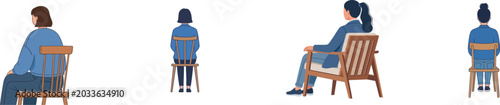 Woman Sitting on Chair with Her Back Vector Illustration, vector set isolated on white