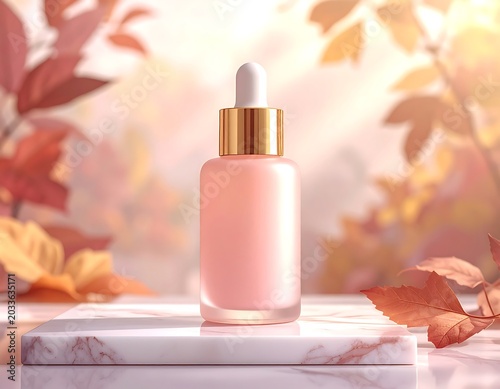 Soft Pink Serum Dropper Bottle Displayed on Marble Pedestal with Autumn Leaves Background