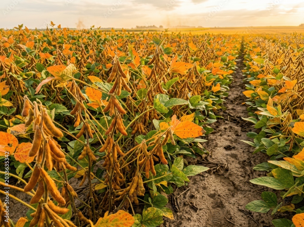 Obraz premium Mature soybean plants with full pods standing in golden field rows for agricultural marketing, food production industry and sustainable farming export campaign