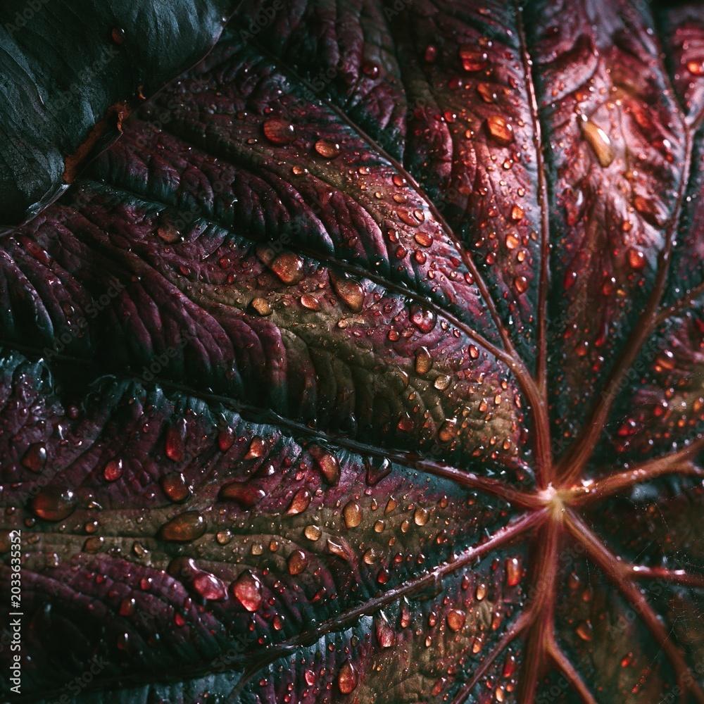 Obraz premium Extreme close-up of a burgundy tropical leaf with water droplets for luxury botanical branding, atmospheric product backdrops and moody nature wallpaper