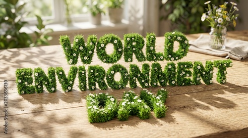World Environment Day text made of photorealistic green grass and daisies on a bright wooden background with sunny leaf shadows