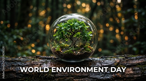 World Environment Day banner with miniature green tree inside glass sphere on rustic wooden table, cinematic forest bokeh background, sustainability concept