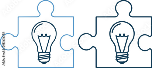 Puzzle pieces with lightbulb icons, symbolizing ideas, innovation, and problemsolving