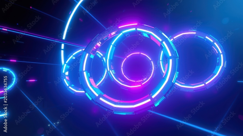 Fototapeta premium Neon rings, vibrant blue, purple hues dominate dark space. Futuristic design, abstract geometry creates dynamic visual effect.