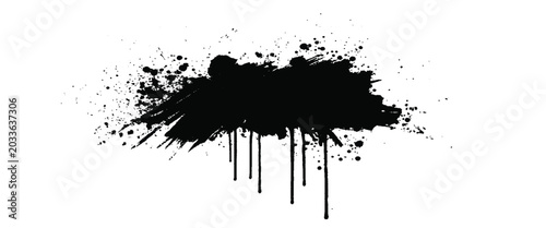 Black ink splatter and drips on white background. Abstract brush strokes and ink drops. Grunge texture effect