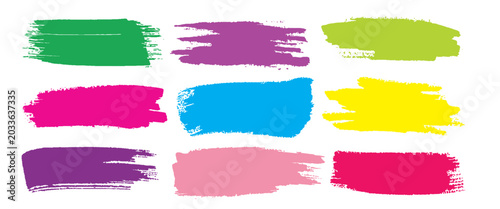 Cuadro en lienzo Nine colorful paint brush strokes in a grid pattern on a white background
