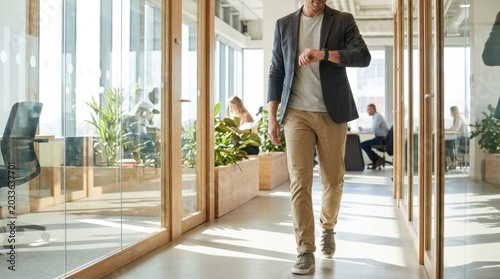 Man checking watch in modern office hallway
