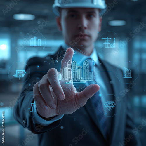 Architect Using Futuristic Digital Blueprint Interface