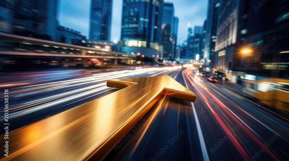Fototapeta premium A golden arrow moving fast through a blurred city landscape.